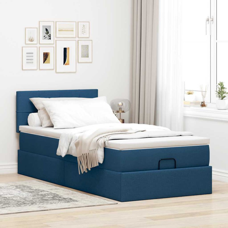 Cama otomana con colchón tela azul 100x200