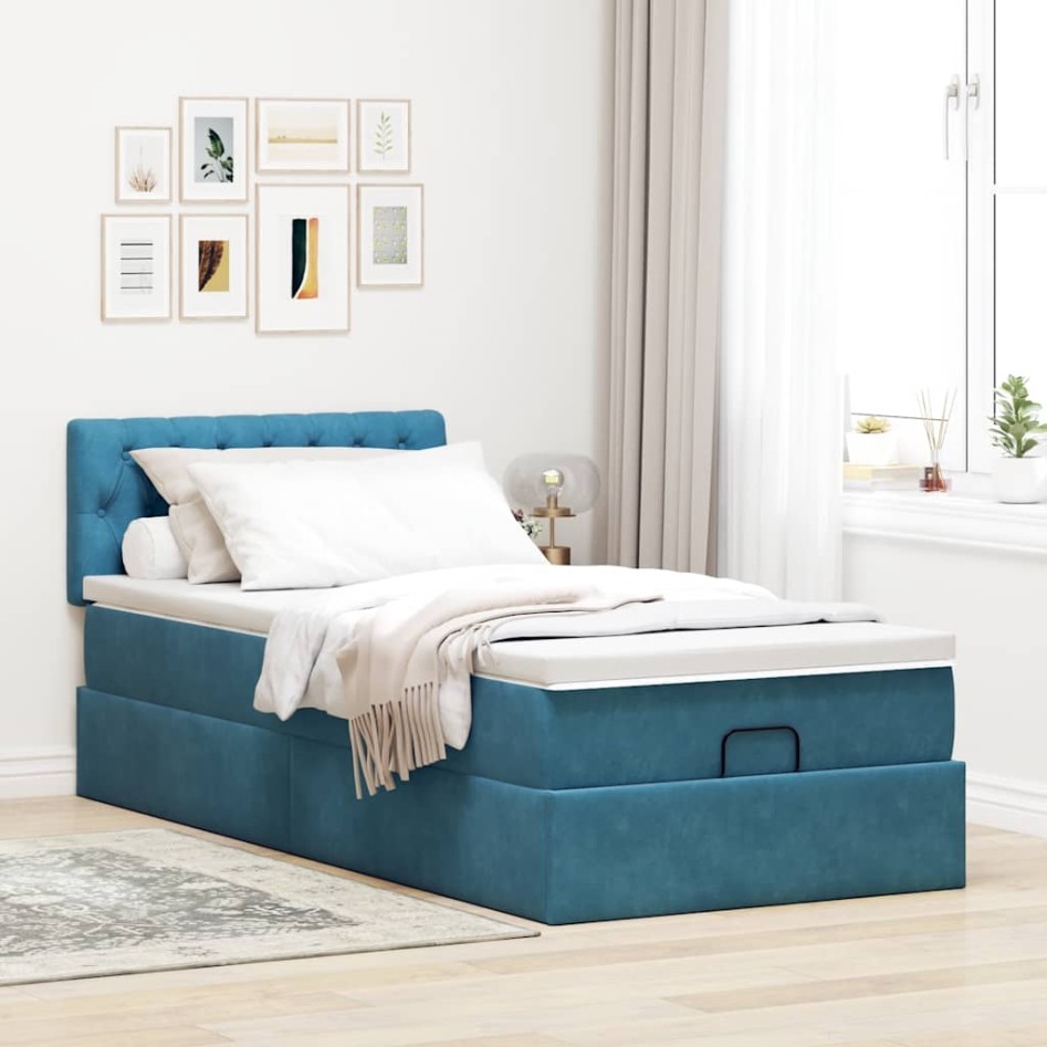 Estructura de cama otomana con colchón terciopelo azul
