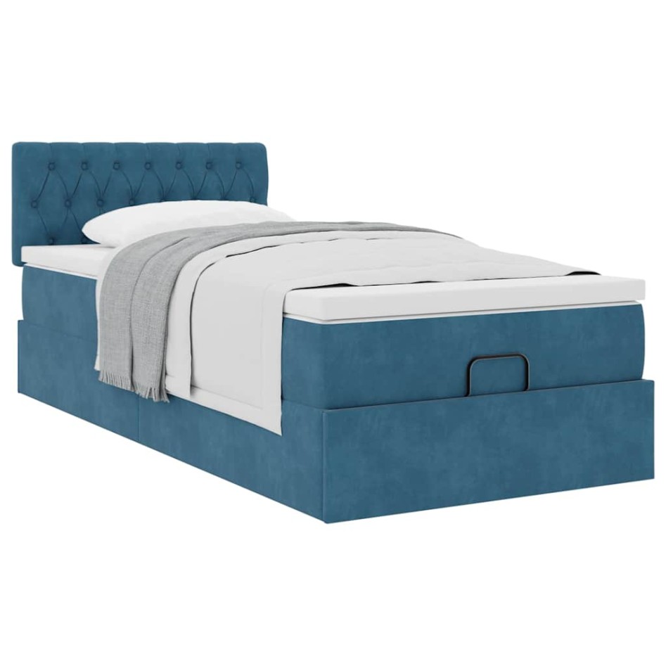 Estructura de cama otomana con colchón terciopelo azul