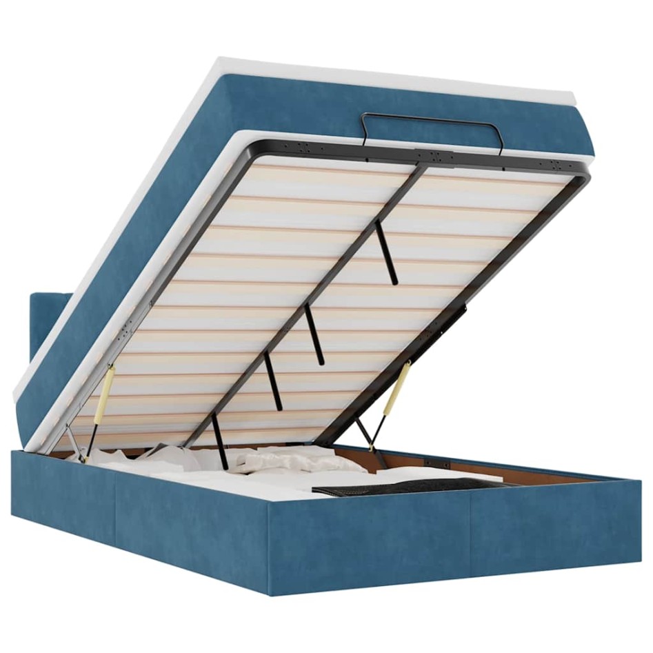 Estructura de cama otomana colchón terciopelo azul