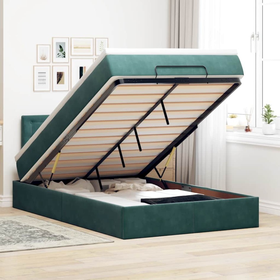 Estructura cama otomana colchón terciopelo verde