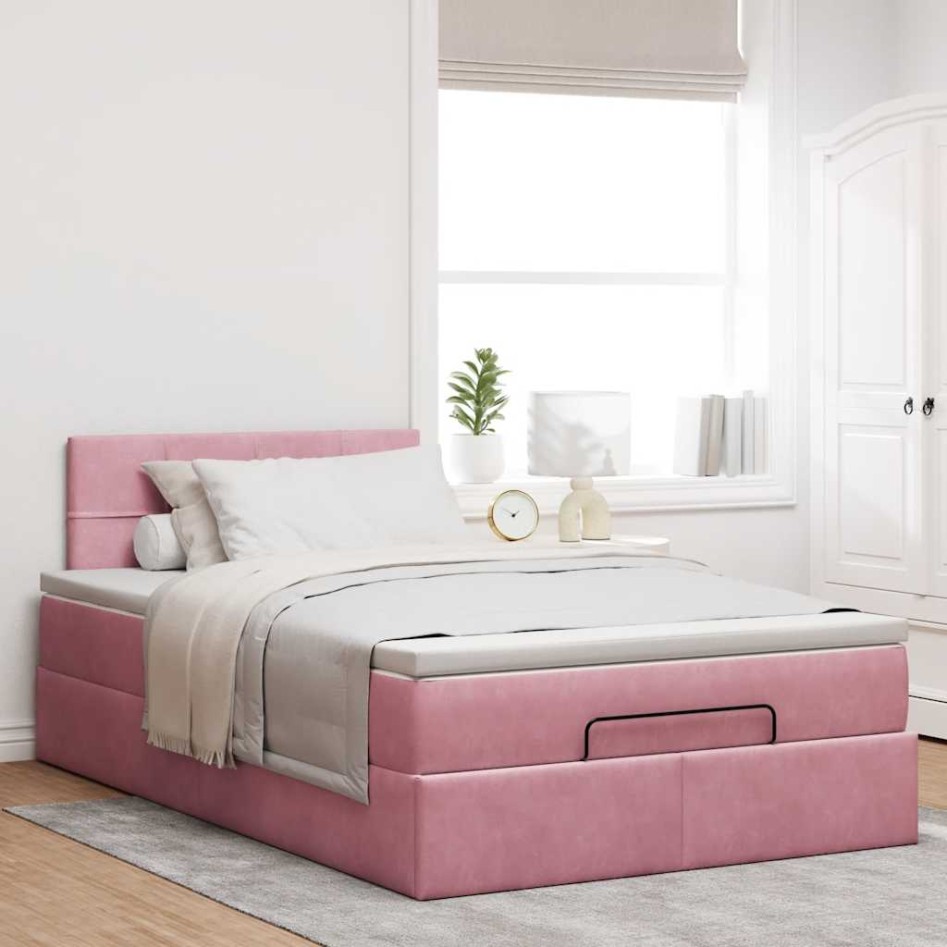Estructura de cama otomana colchón terciopelo rosa