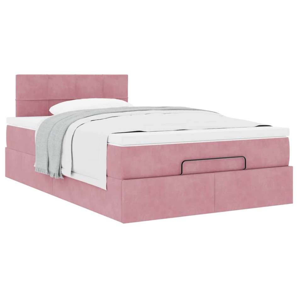 Estructura de cama otomana colchón terciopelo rosa