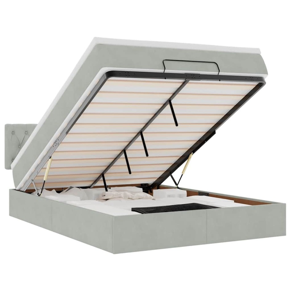 Estructura cama otomana colchón terciopelo gris claro