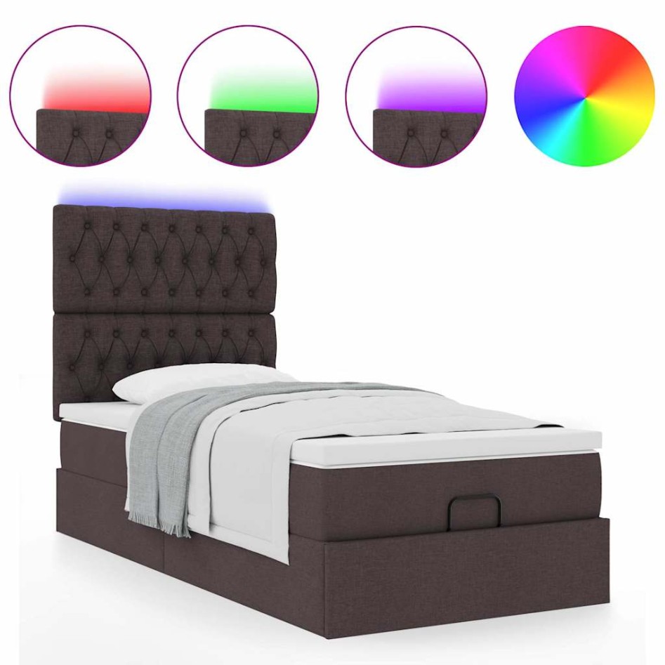 Cama otomana con colchón y LED tela marrón oscuro 90x200
