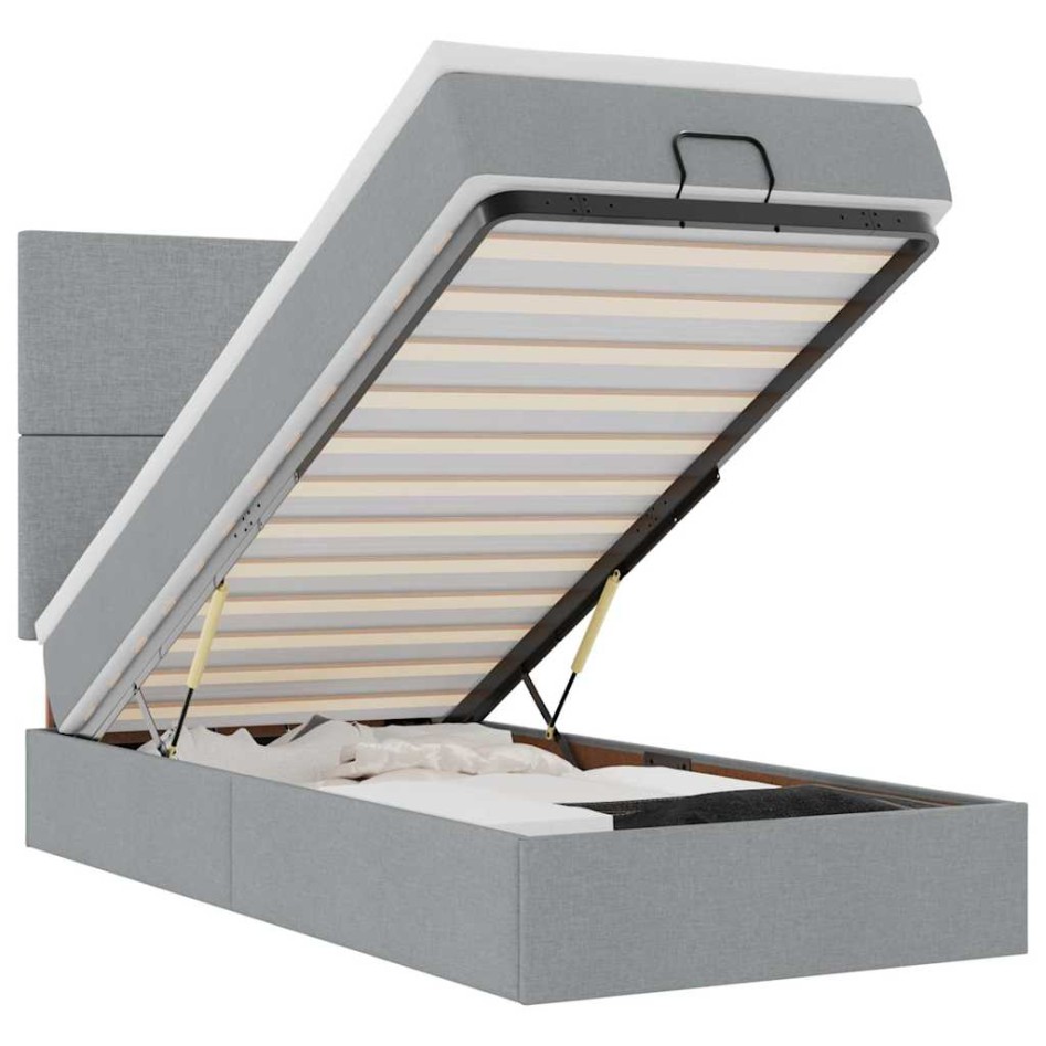 Cama otomana con colchón y LED tela gris claro 90x200