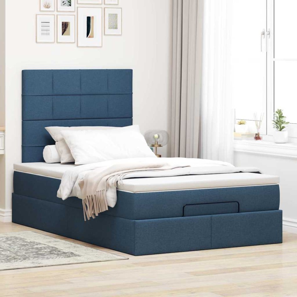 Estructura de cama otomana con colchón tela azul