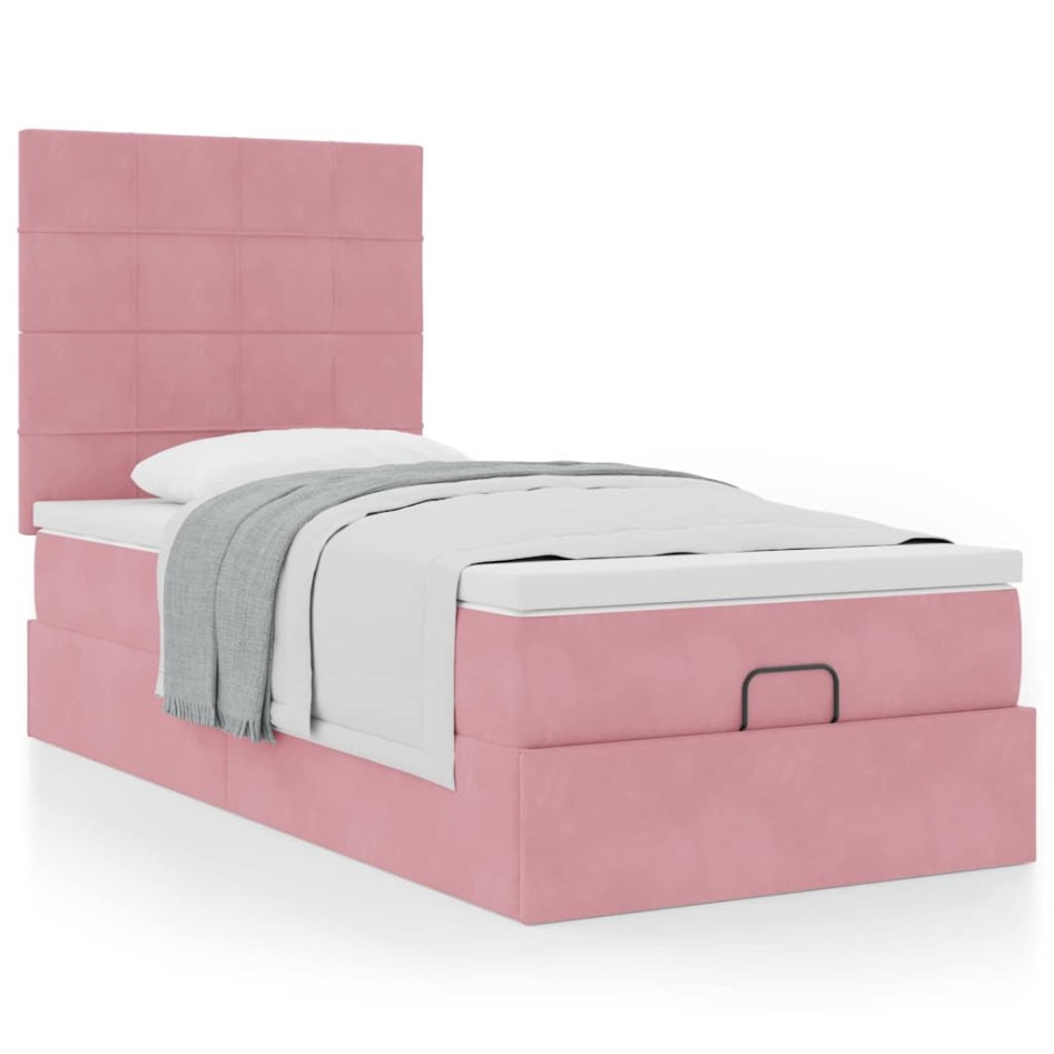 Estructura cama otomana con colchones terciopelo rosa