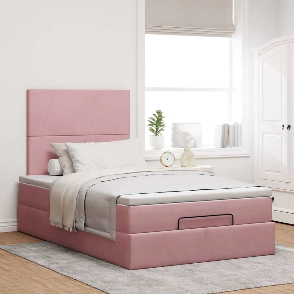 Estructura de cama otomana colchones terciopelo rosa