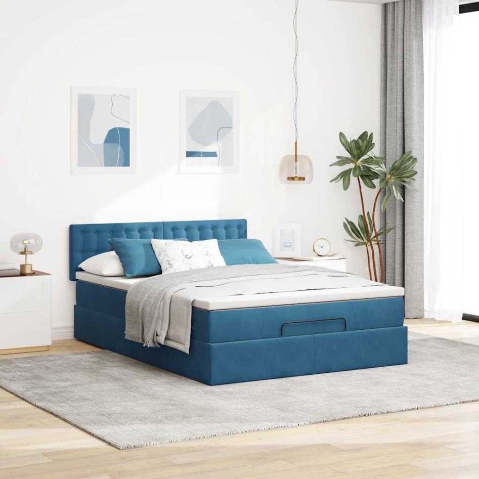 Estructura de cama otomana con colchón terciopelo azul