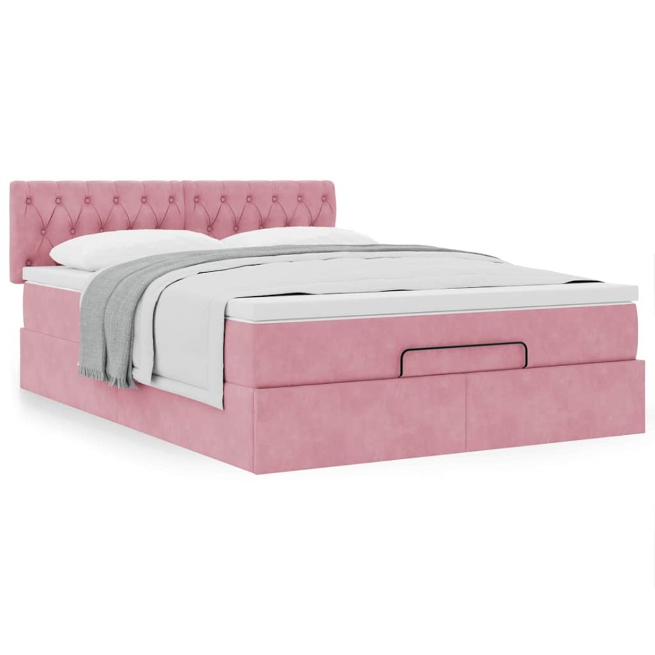 Estructura cama otomana con colchón terciopelo rosa 140x190