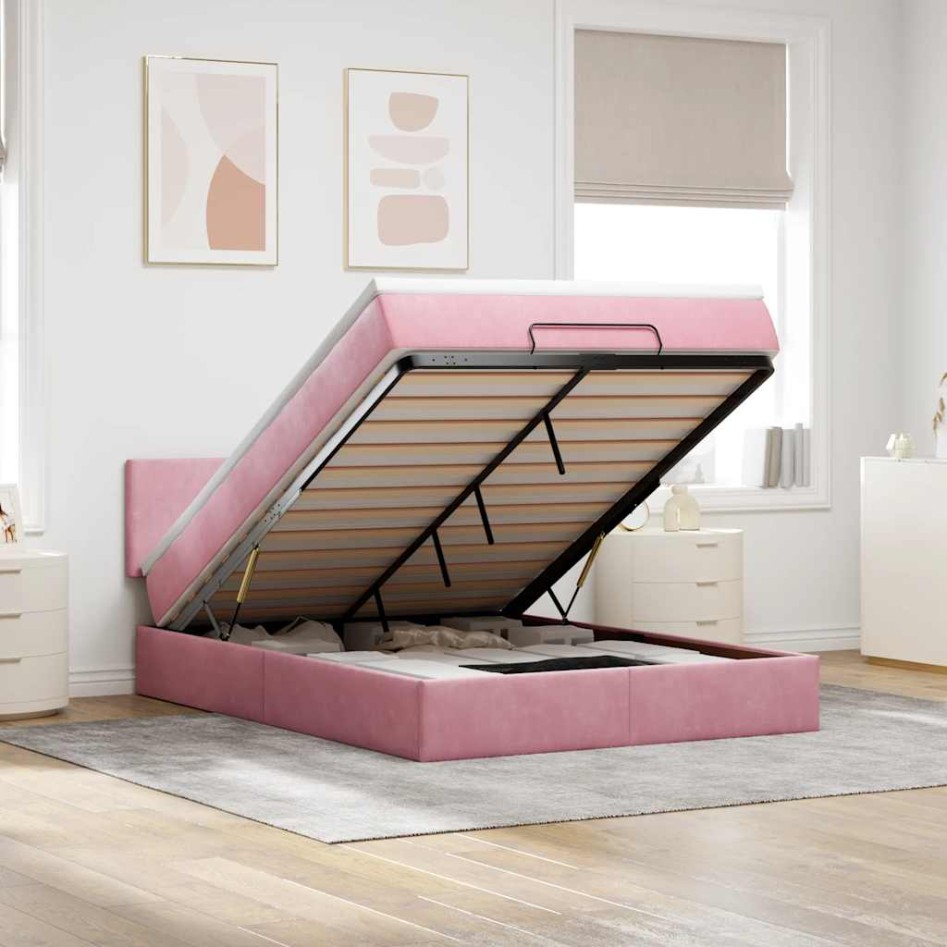 Estructura cama otomana con colchón terciopelo rosa 140x190