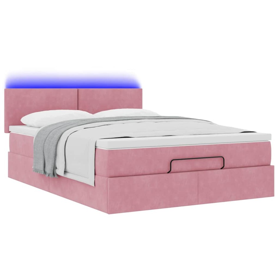 Estructura cama otomana con colchón terciopelo rosa 140x190