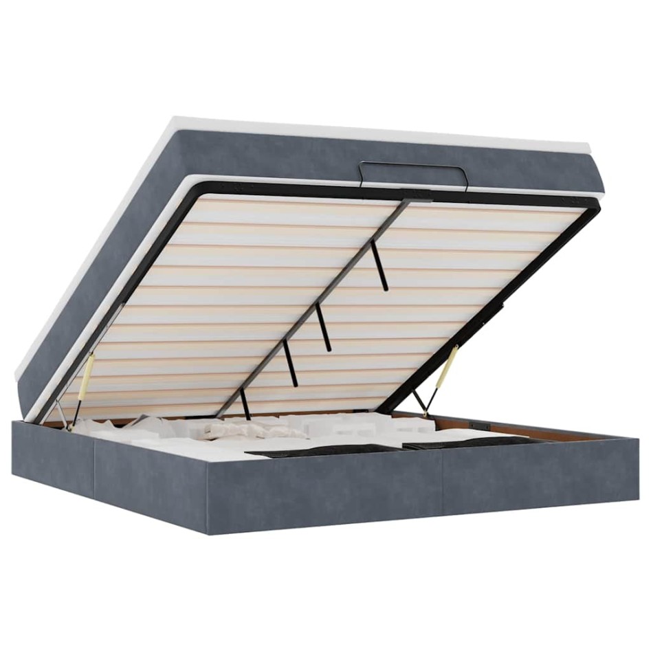 Estructura de cama otomana con colchón gris oscuro