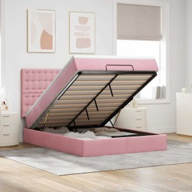 Estructura cama otomana con colchones terciopelo rosa