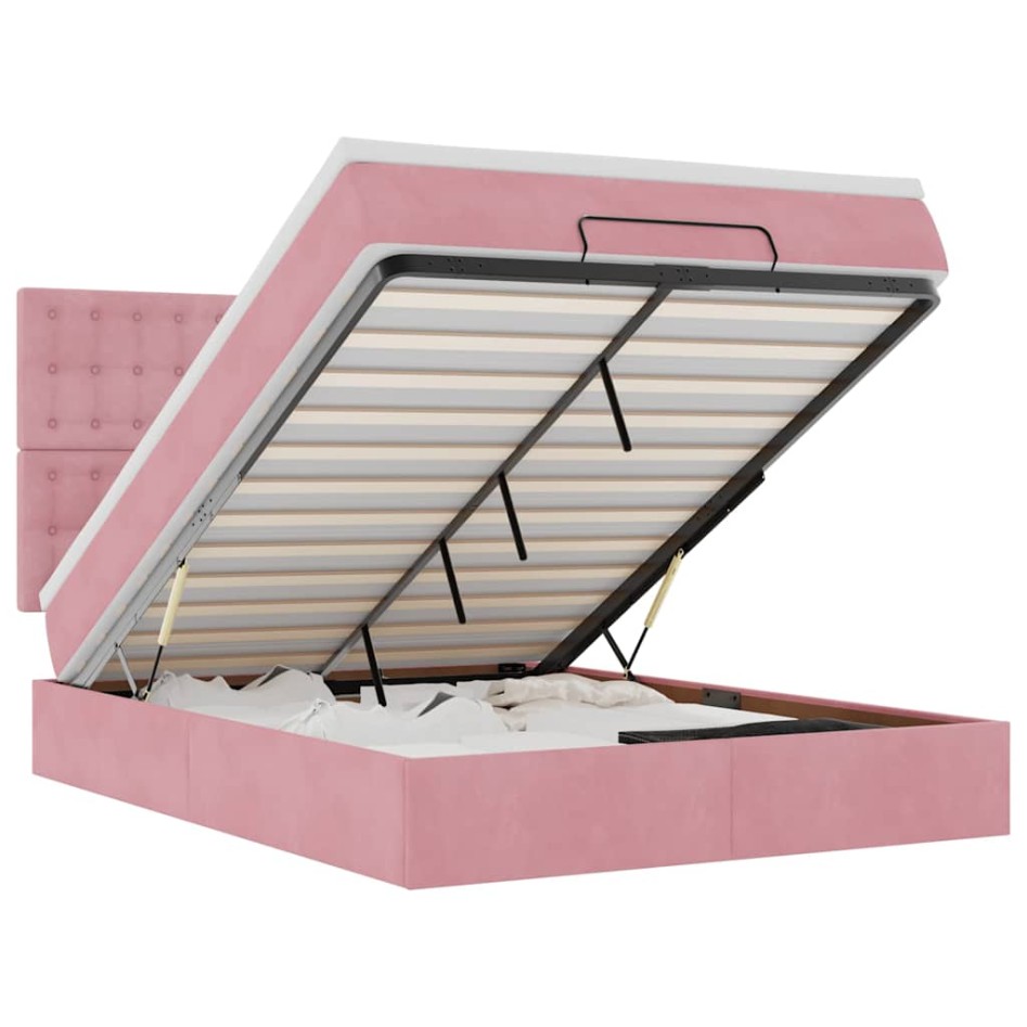 Estructura cama otomana con colchones terciopelo rosa