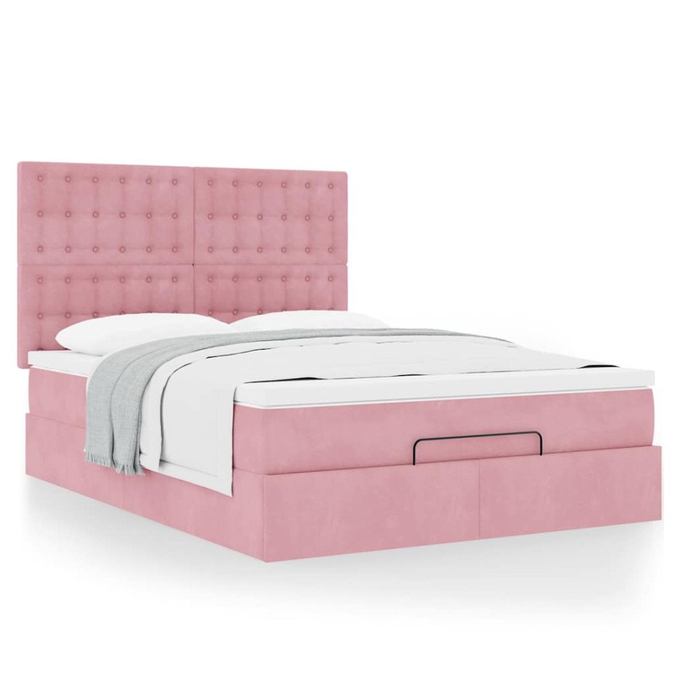 Estructura cama otomana con colchones terciopelo rosa