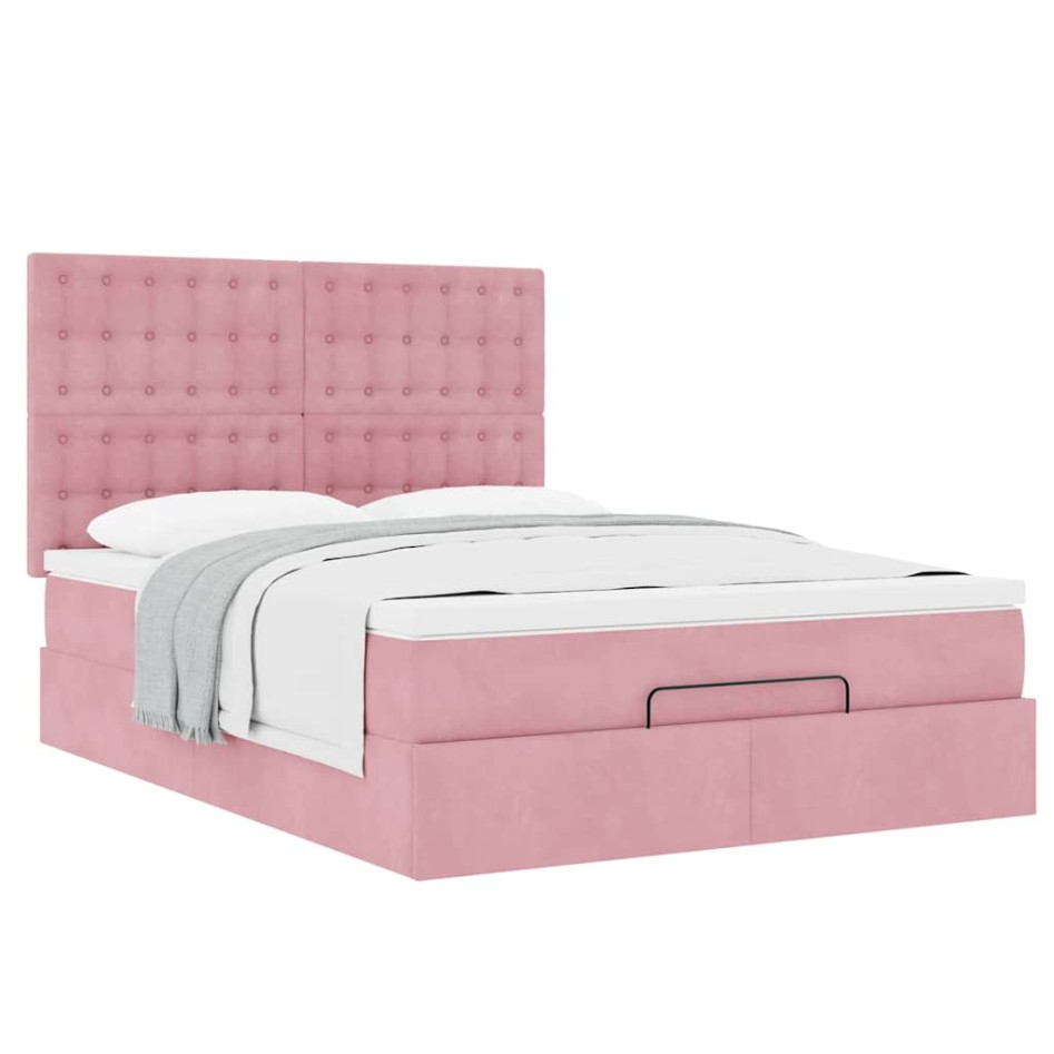Estructura cama otomana con colchones terciopelo rosa