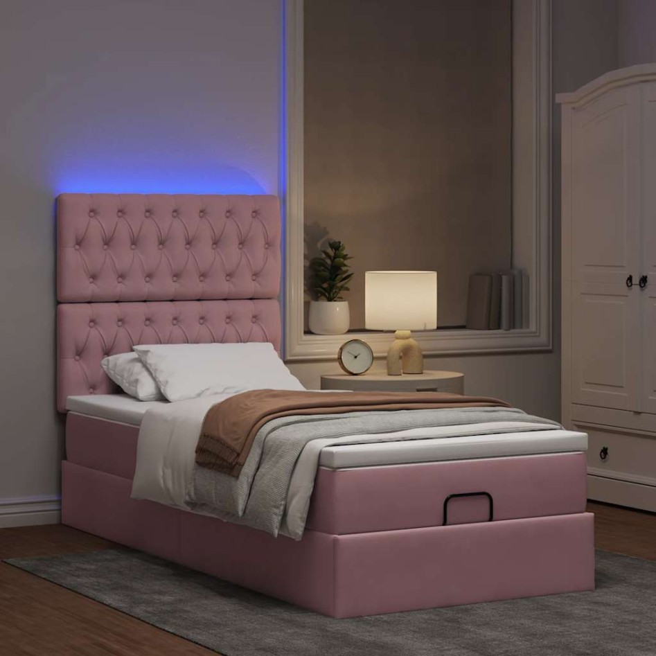 Estructura cama otomana con colchones terciopelo rosa