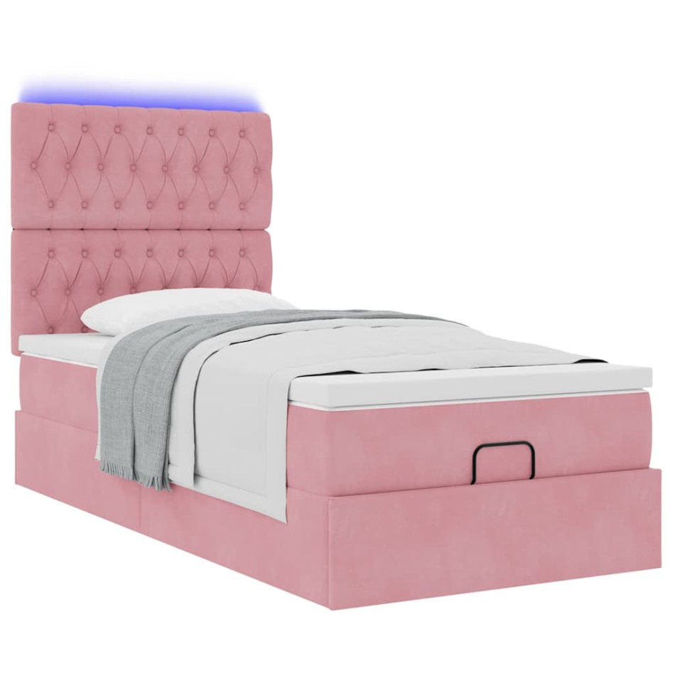 Estructura cama otomana con colchones terciopelo rosa