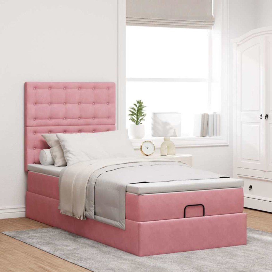 Estructura cama otomana con colchones terciopelo rosa