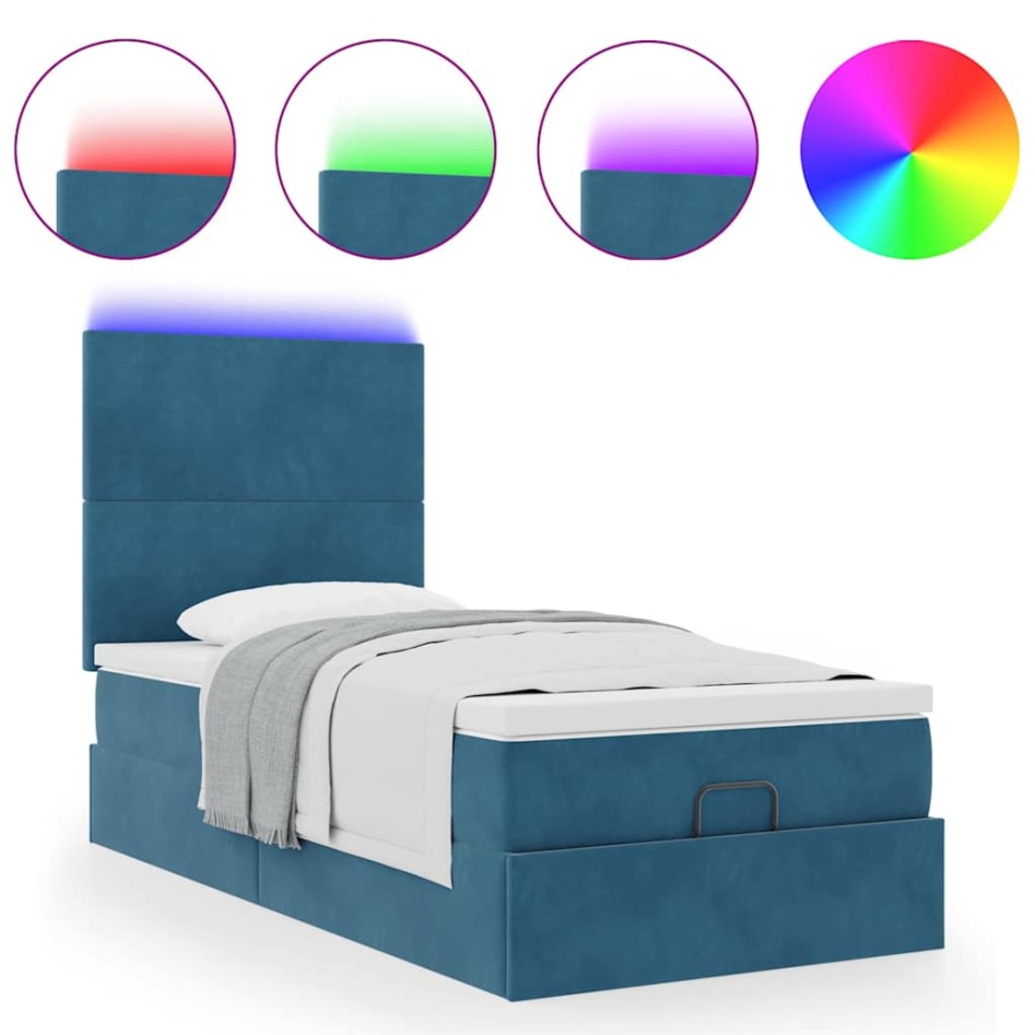 Estructura de cama otomana con colchones terciopelo azul