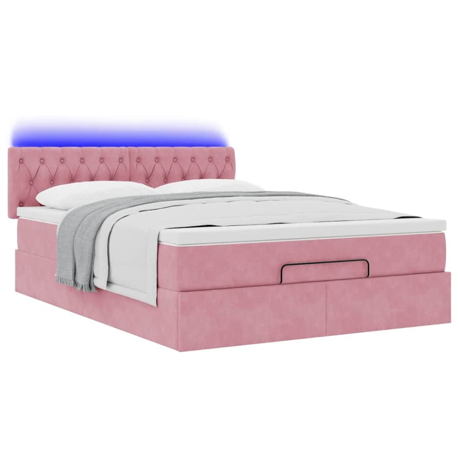 Estructura cama otomana con colchón terciopelo rosa 140x190