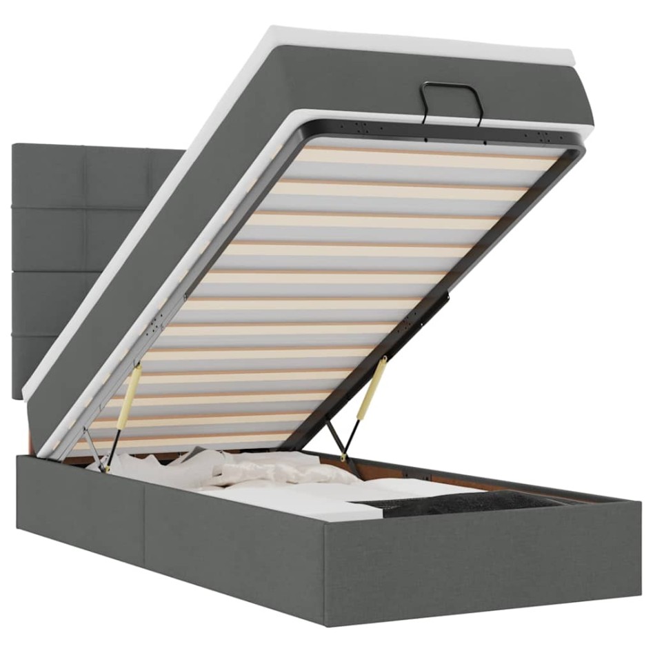 Cama otomana con colchón y LED tela gris oscuro
