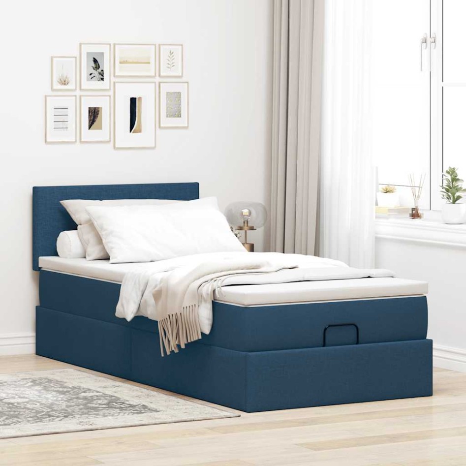 Cama otomana con colchón tela azul 100x200