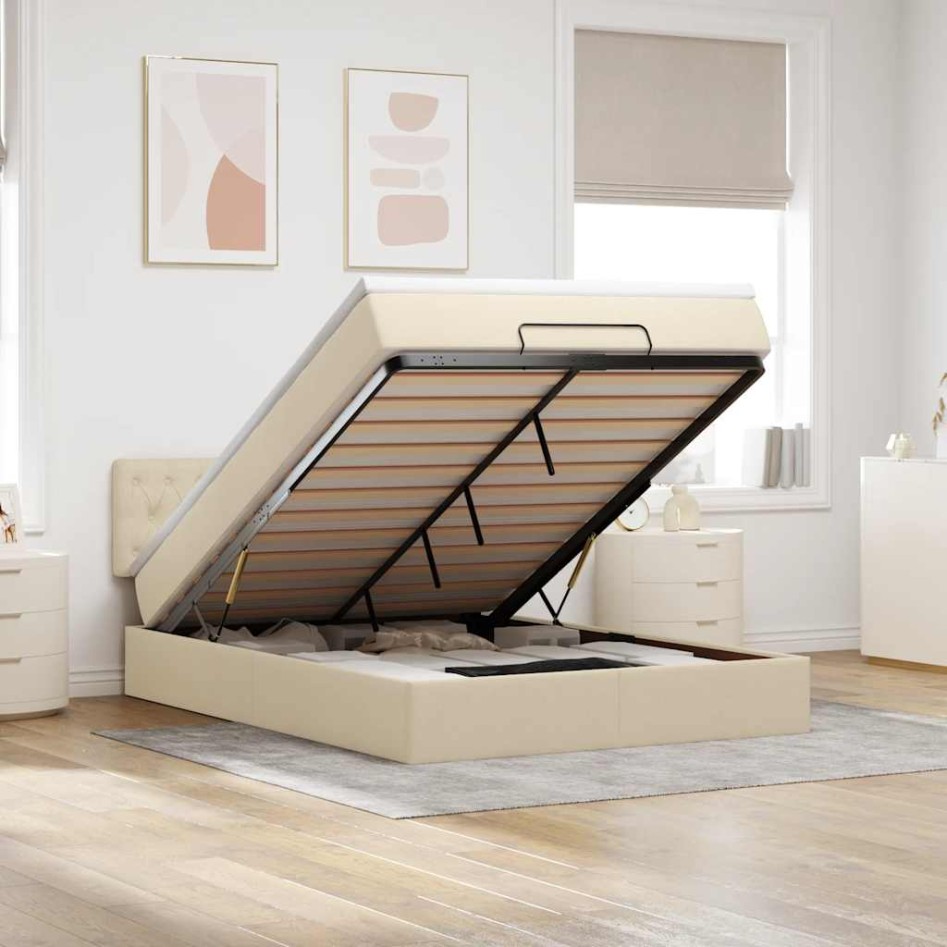 Cama otomana con colchón de tela color crema 140x190