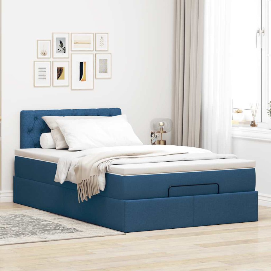 Cama otomana con colchón tela azul 120x200