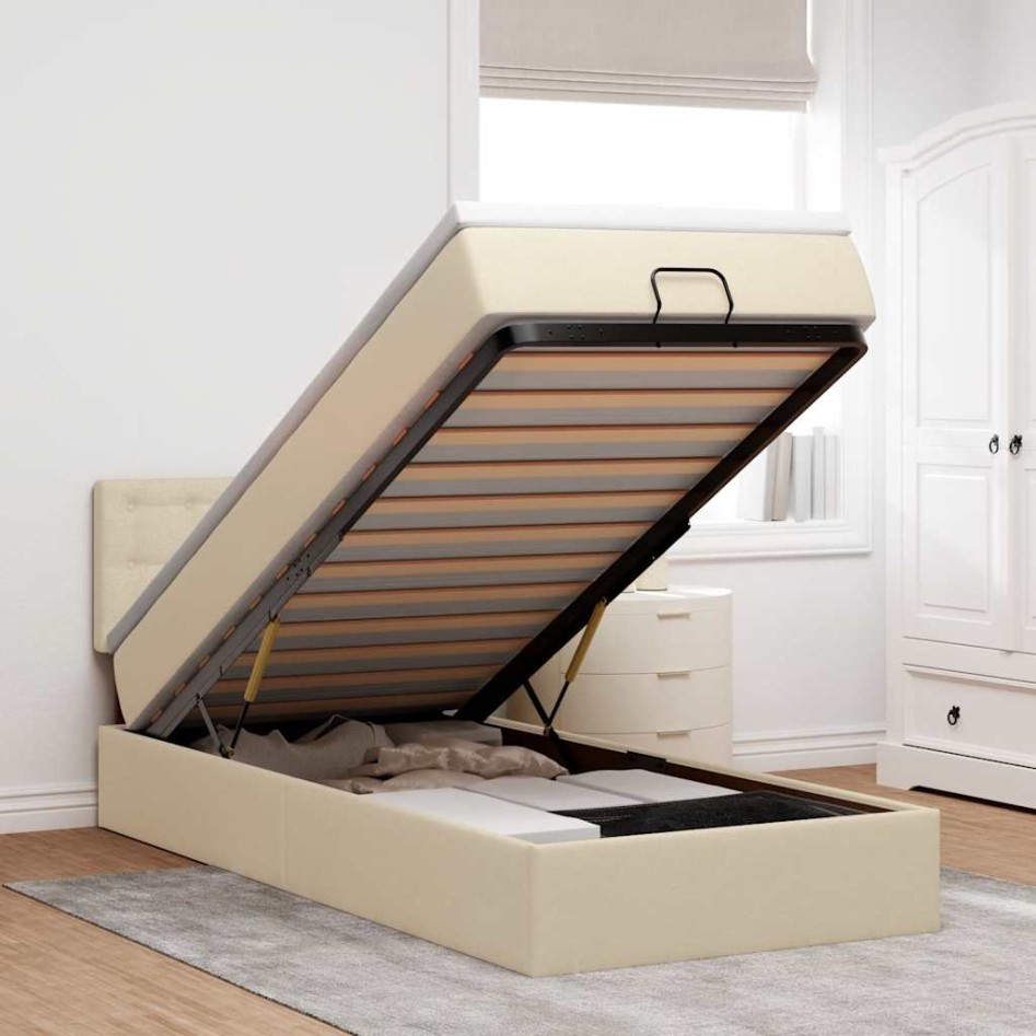 Cama otomana con colchón crema 90x200 cm