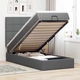 Cama otomana con colchón y LED tela gris oscuro 90x200