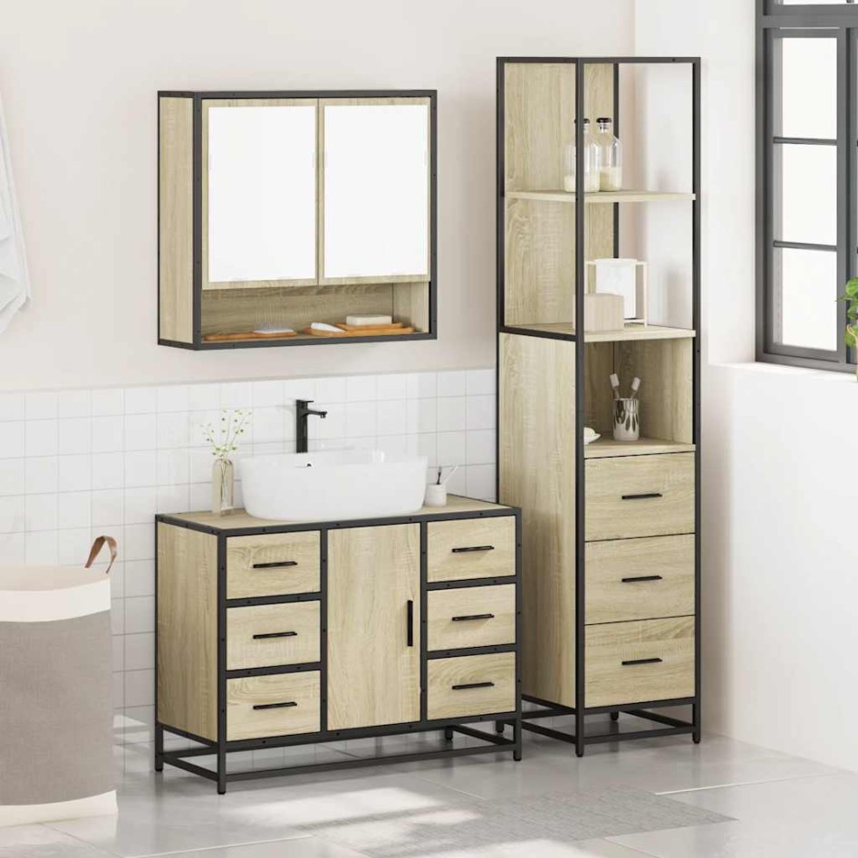 Set de muebles de baño 3 pzas madera contrachapada roble