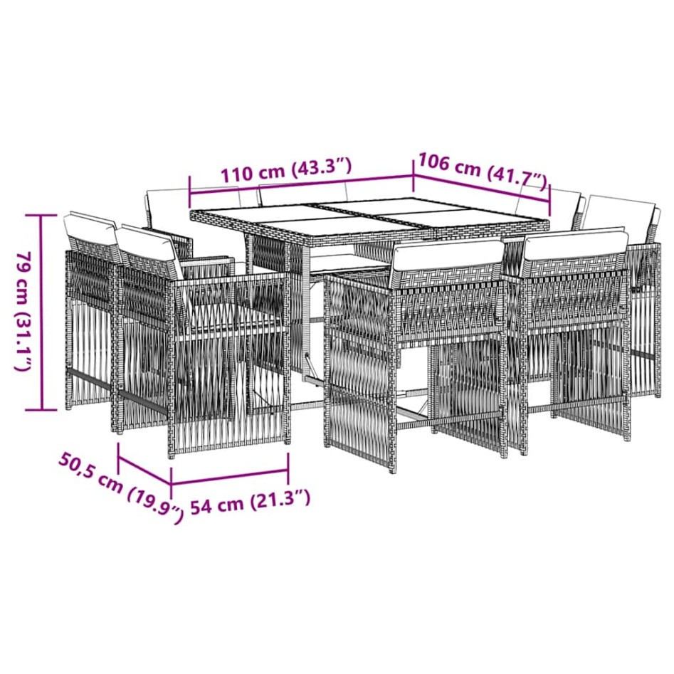 Set de comedor de jardín 9 pzas y cojines ratán sintético