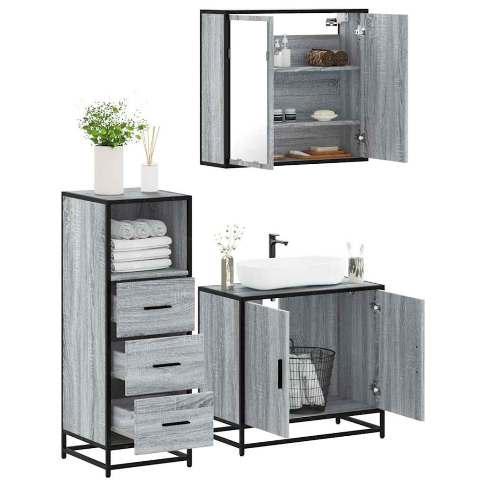 Set de muebles de baño 3 pzas madera contrachapada gris