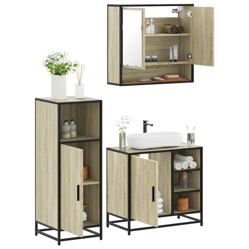Set de muebles de baño 3 pzas madera contrachapada roble