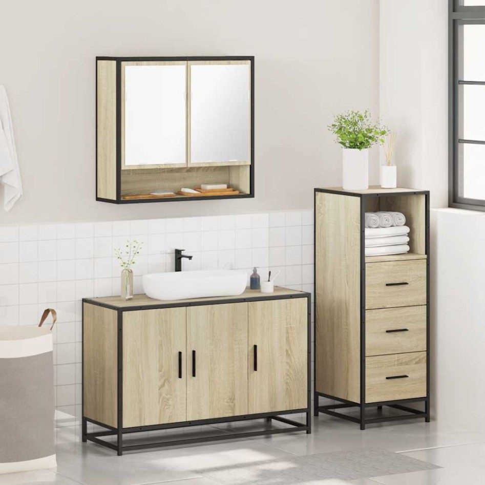 Set de muebles de baño 3 pzas madera contrachapada roble