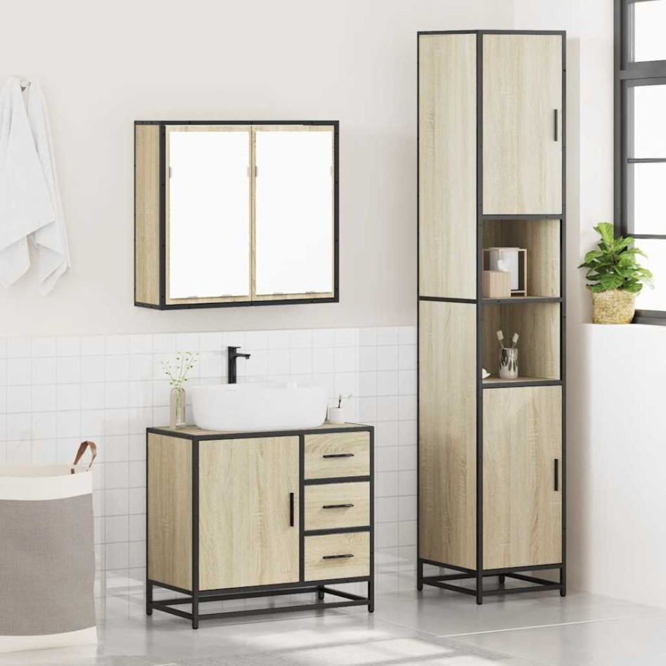 Set de muebles de baño 3 pzas madera contrachapada roble