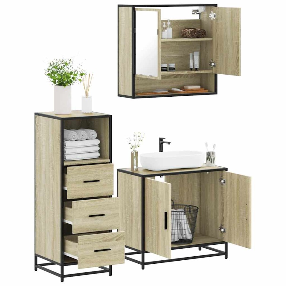 Set de muebles de baño 3 pzas madera contrachapada roble