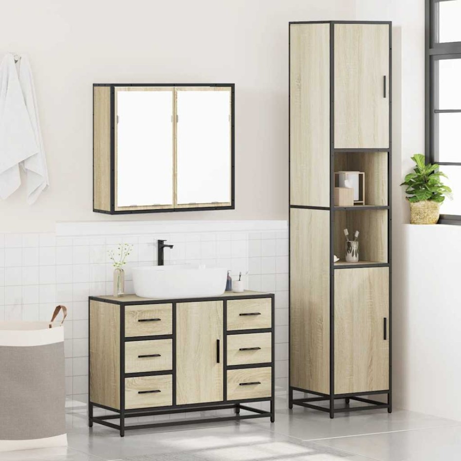 Set de muebles de baño 3 pzas madera contrachapada roble