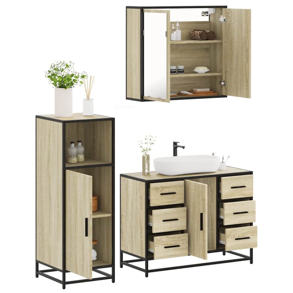 Set de muebles de baño 3 pzas madera contrachapada roble
