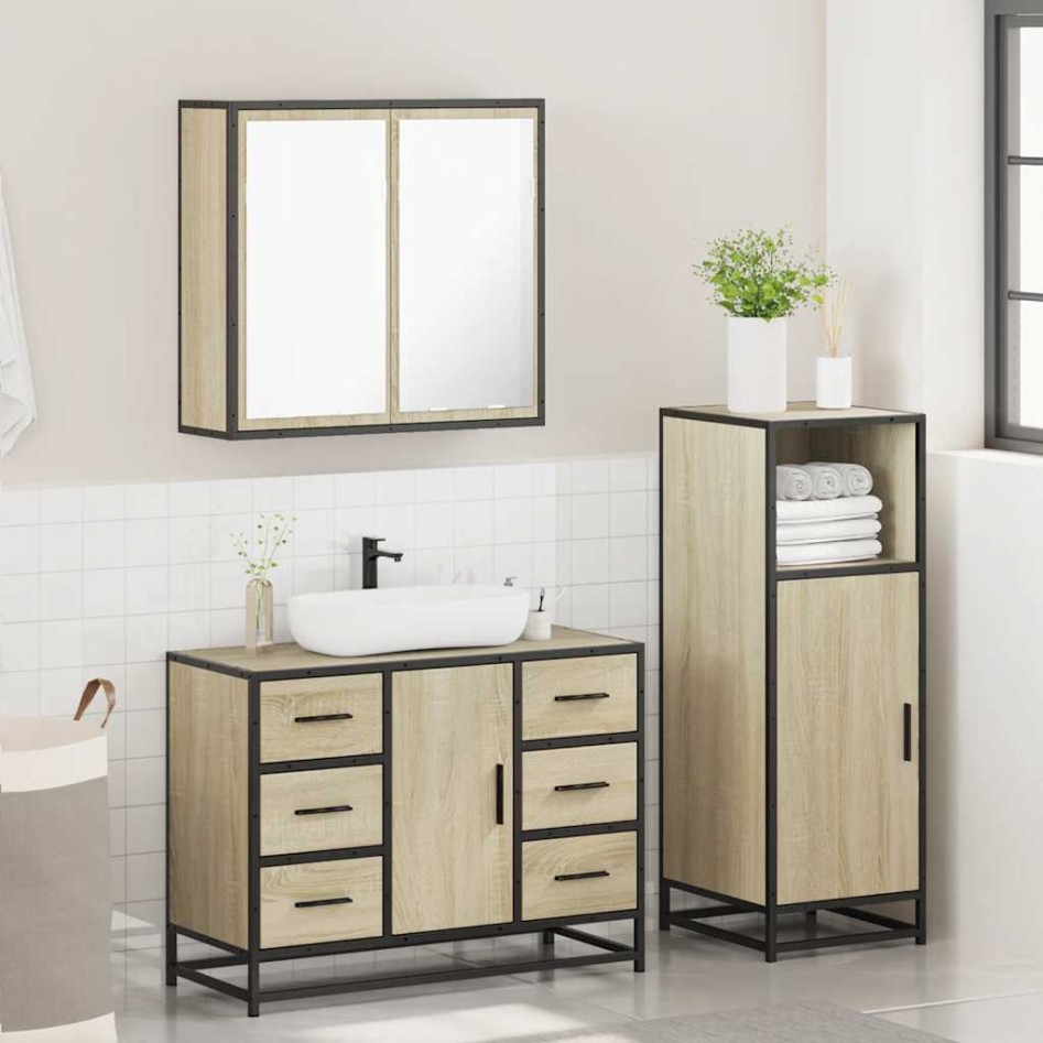 Set de muebles de baño 3 pzas madera contrachapada roble