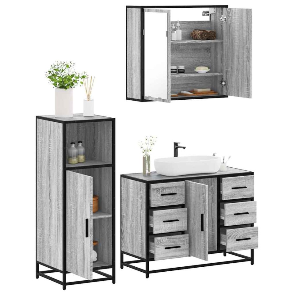 Set de muebles de baño 3 pzas madera contrachapada gris