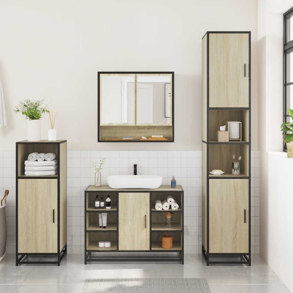 Set de muebles de baño 3 pzas madera contrachapada roble