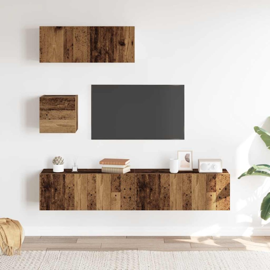 Conjunto de mueble de TV 4 piezas montado la pared madera