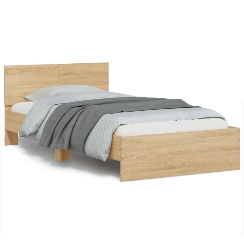 Estructura de cama cabecero luces LED roble Sonoma 100x200