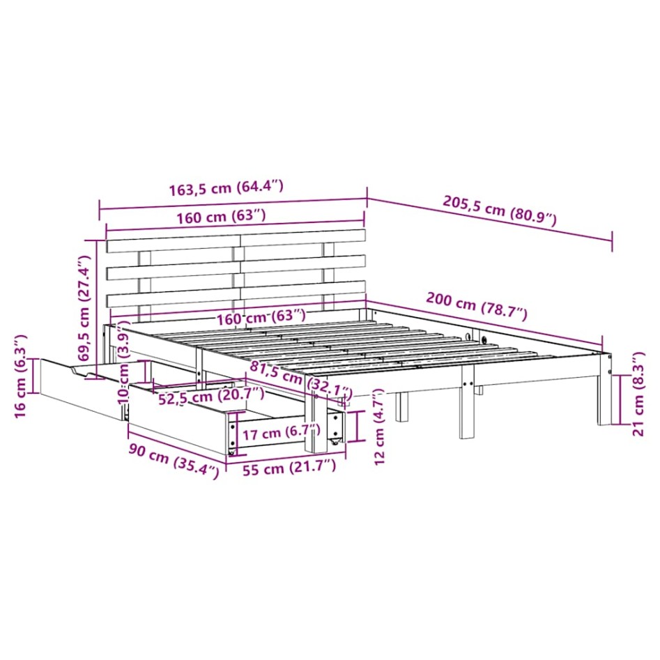 Estructura de cama con cajones madera maciza de pino 160x200