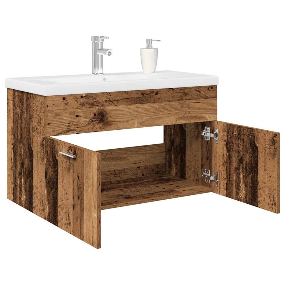 Mueble lavabo con lavabo integrado y grifo madera