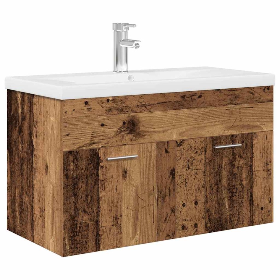 Mueble lavabo con lavabo integrado y grifo madera